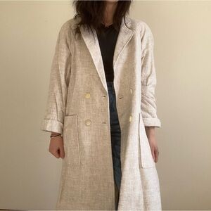 Vintage 80s Ethel Pear for One Up Linen Burlap Overcoat Double Breasted